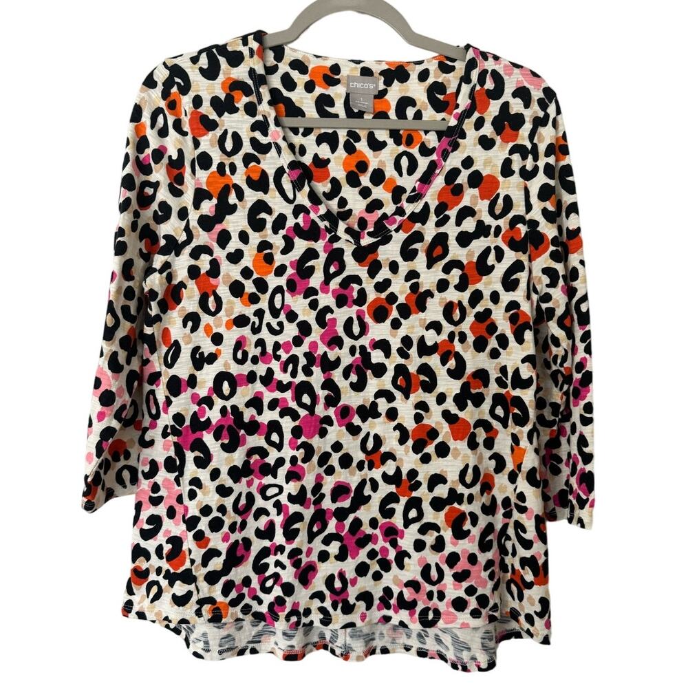 Chico's Colorful‎ V-Neck 3/4 Sleeve Leopard Print Shirt Size Medium